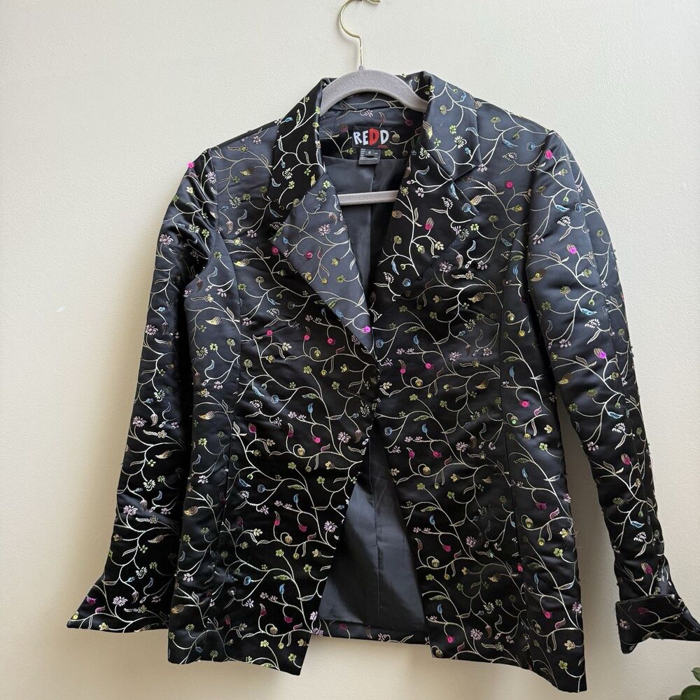 REDD Jeans Jacket Women's Black Floral Iridescent Sequins Y2K Vtg Size 6
